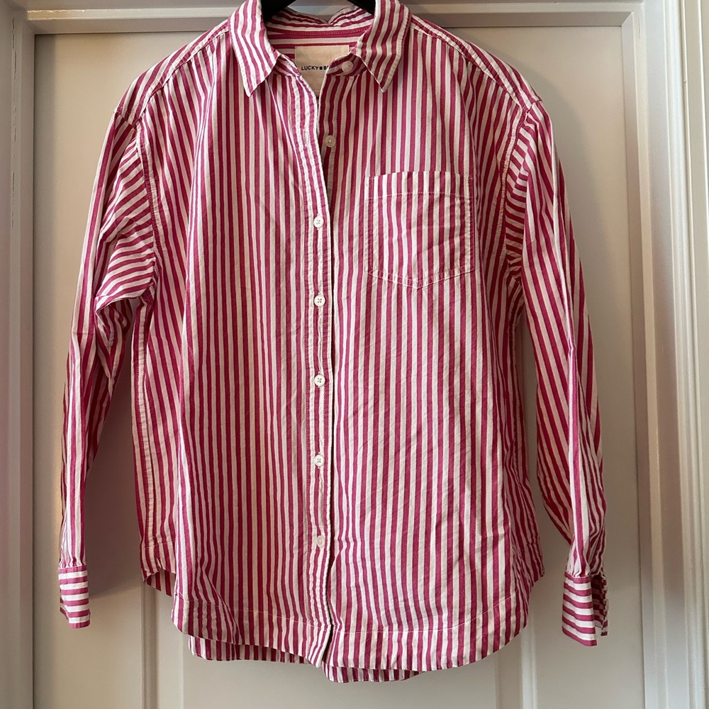 Lucky Brand Cranberry and White Striped Button-Up Shirt XS EUC